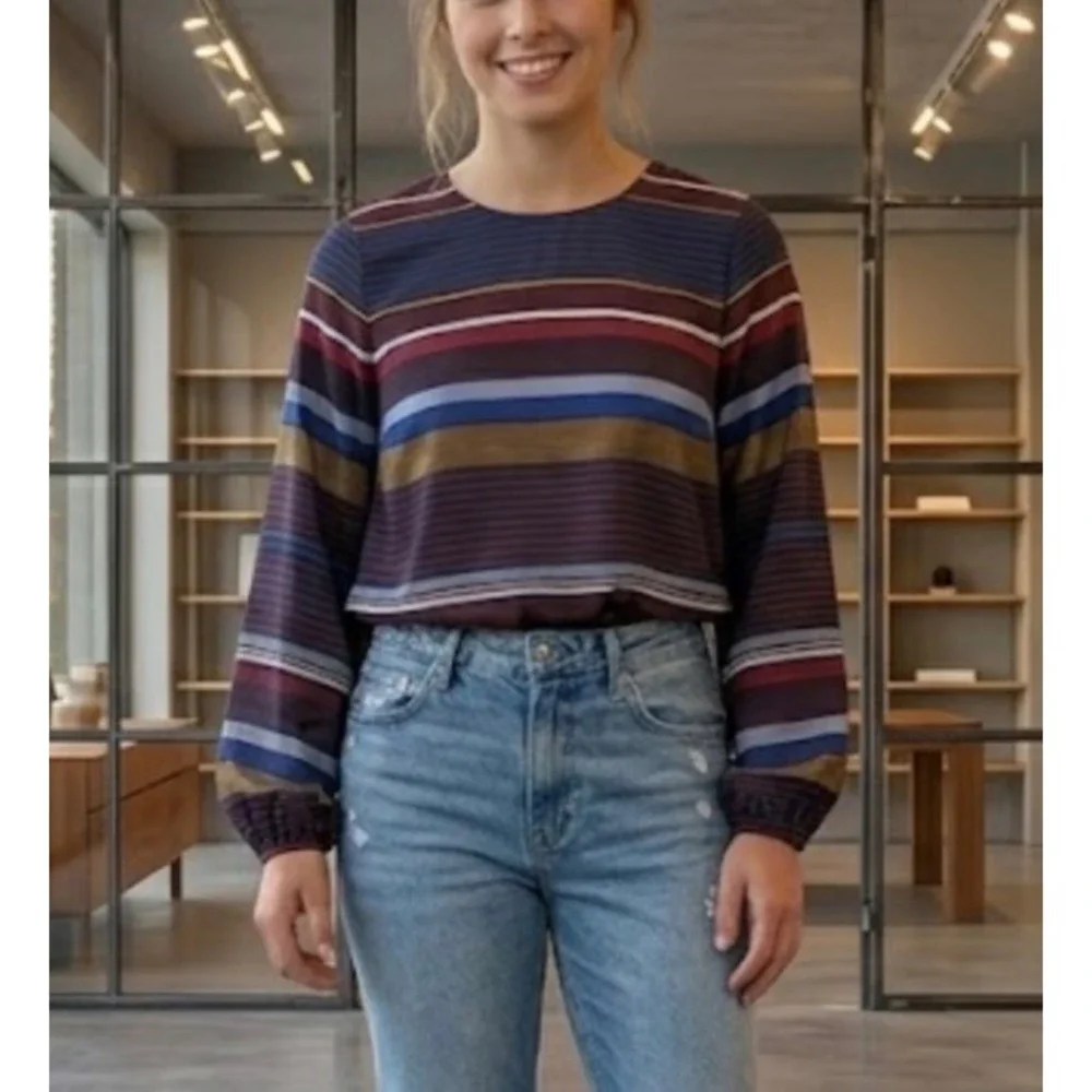 LOFT Petites Striped Long Sleeve Blouse Navy Burgundy‎ XSP 24110594